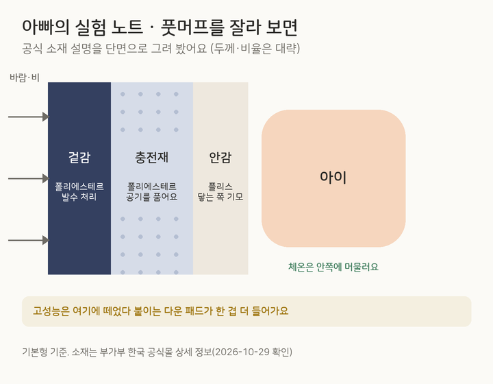 풋머프 단면 도식. 바깥부터 발수 겉감, 폴리에스테르 충전재, 플리스 안감, 그 안에 아이. 고성능은 다운 패드가 한 겹 더