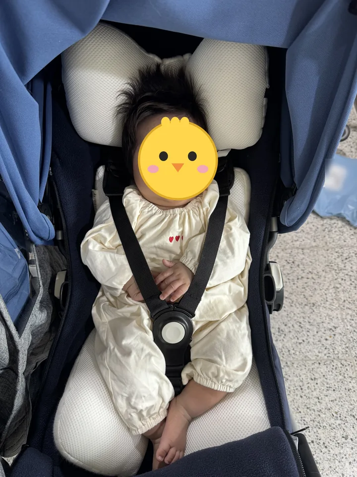 유모차 시트에서 잠든 3개월 둘째(얼굴은 병아리 그림으로 가림)