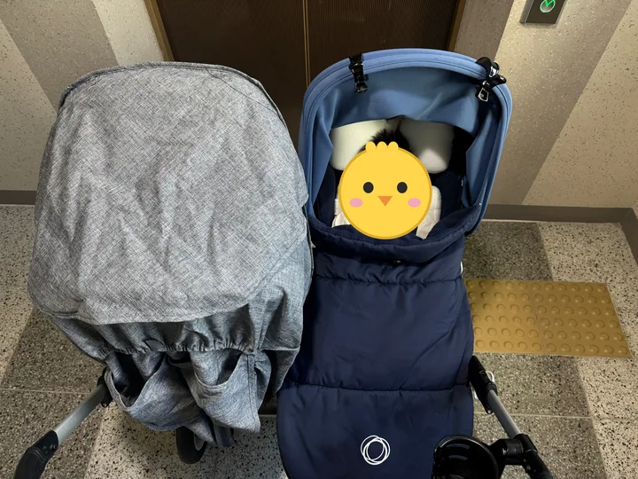 엘리베이터 앞의 2인용 쌍둥이 유모차에 탄 연년생 두 아이(얼굴은 병아리 그림으로 가림)