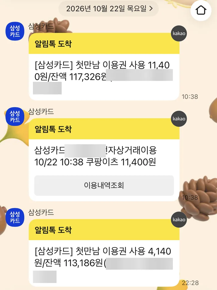 삼성카드 알림톡: 첫만남 이용권 사용 11,400원과 4,140원, 결제 뒤 잔액(이름·유효기간은 가림)