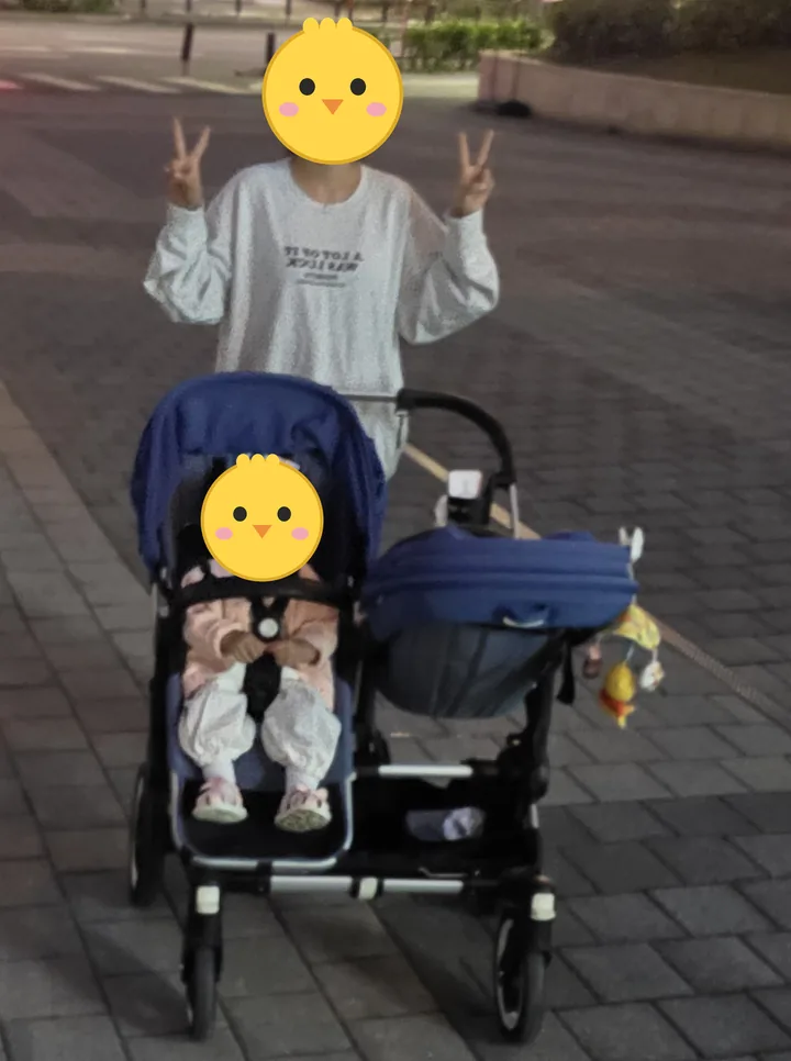 저녁 산책길에 2인용 유모차를 미는 엄마, 앞자리에 앉은 첫째(얼굴은 병아리 그림으로 가림)