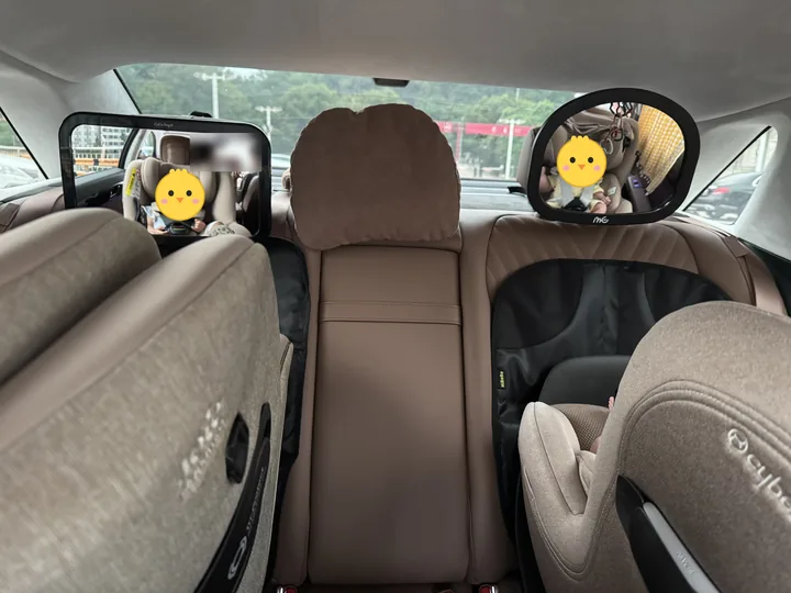 자동차 뒷좌석에 나란히 설치한 카시트 두 개, 거울에 비친 두 아이(얼굴은 병아리 그림으로 가림)